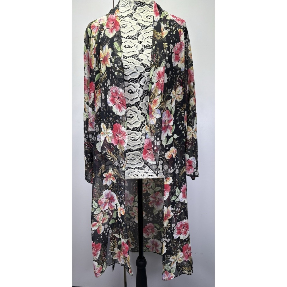 Zara Woman Black Floral Tropical Sheer Longline Duster Kimono Cardigan Size M